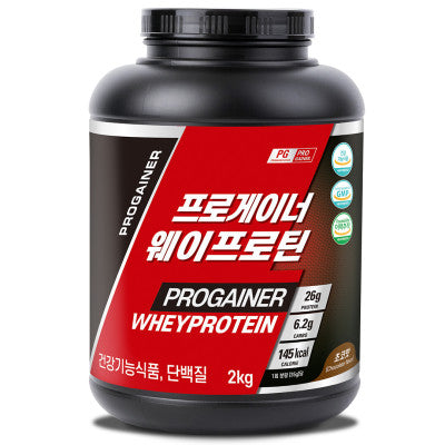 PROGAINER whey protein chocolate supplement.
