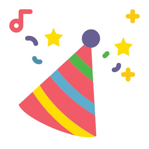 Party hat with confetti and music note illustration.