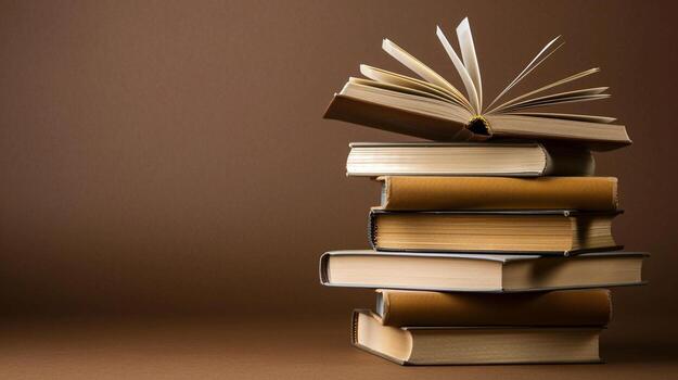 Stack of books with one book open on top.